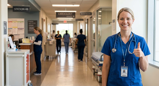 Professional female doctor or healthcare professional in clinical attire with stethoscope